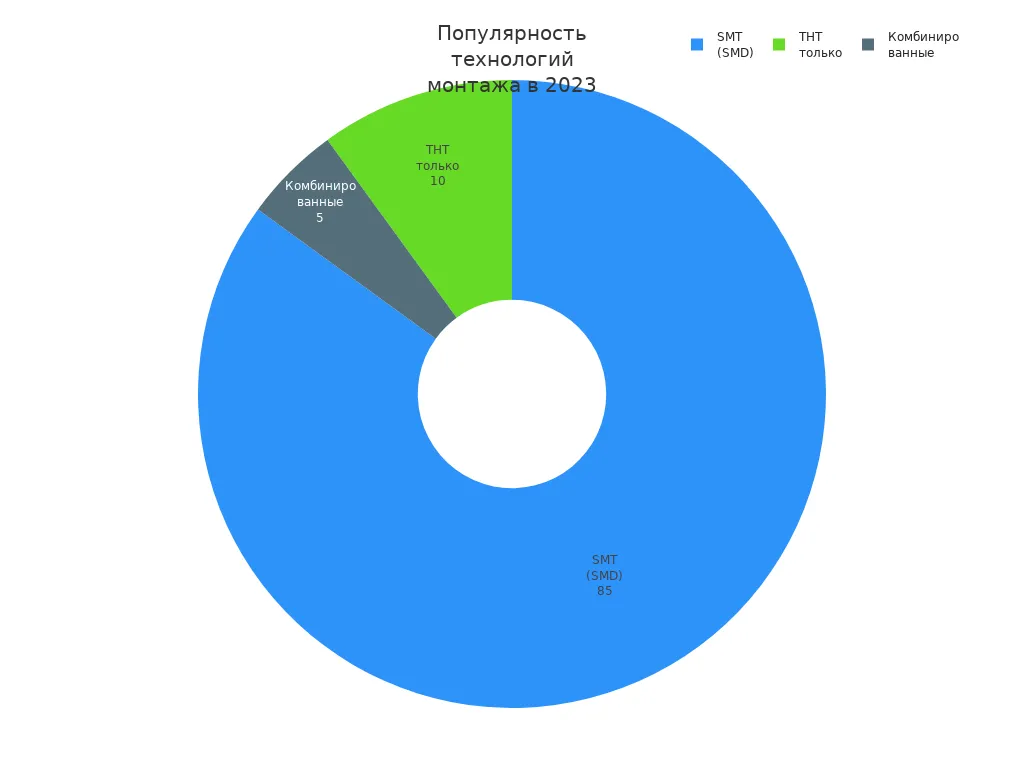 Круговая диаграмма, показывающая, что SMT занимает 85% рынка, THT — 10%, а комбинированные технологии — 5%.