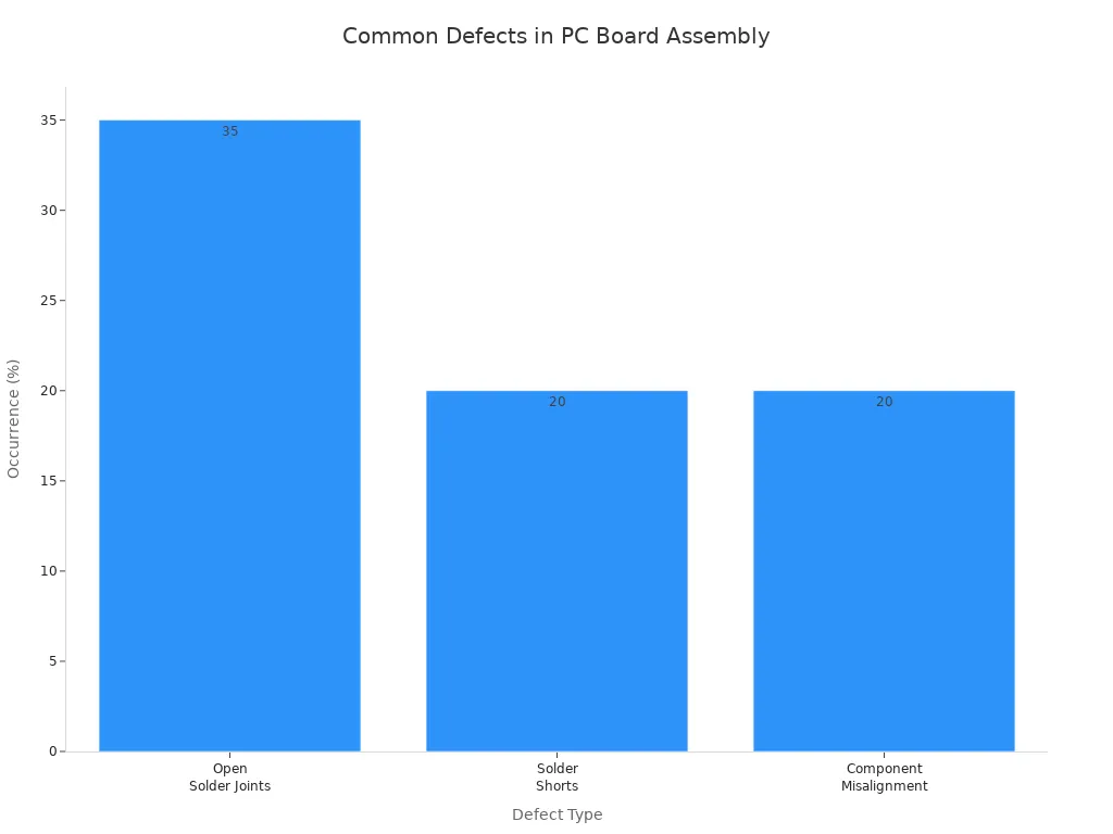 Bar chart showing occurrence rates of common PC board assembly defects