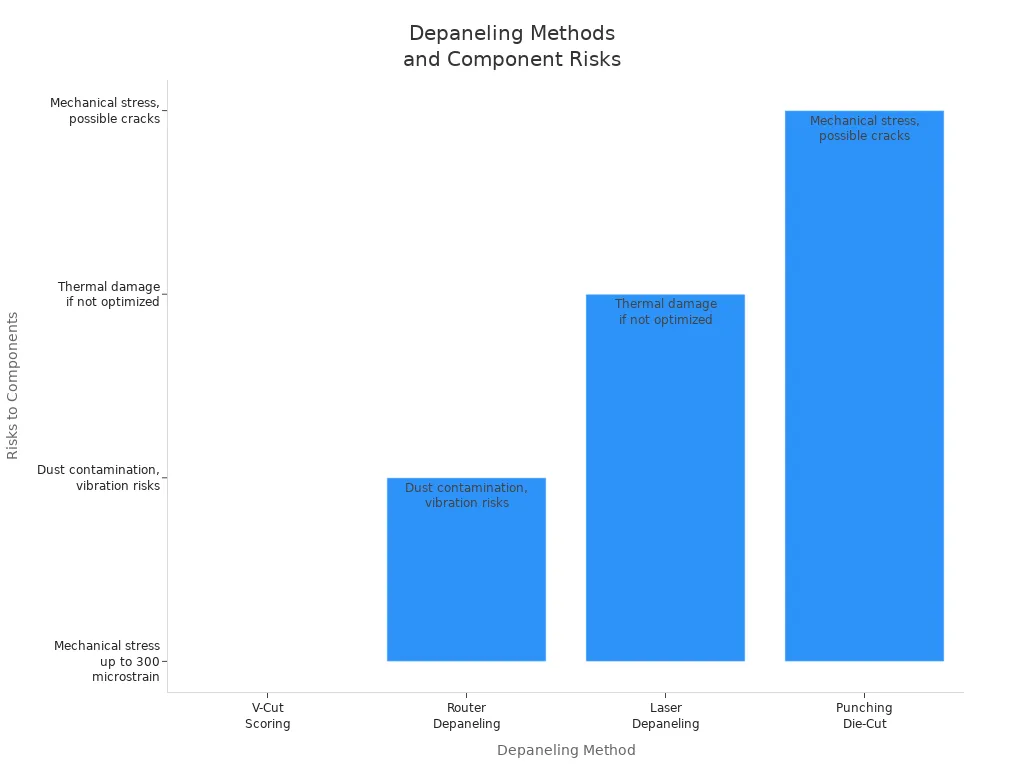 Bar chart comparing risks to components for four PCB depaneling methods
