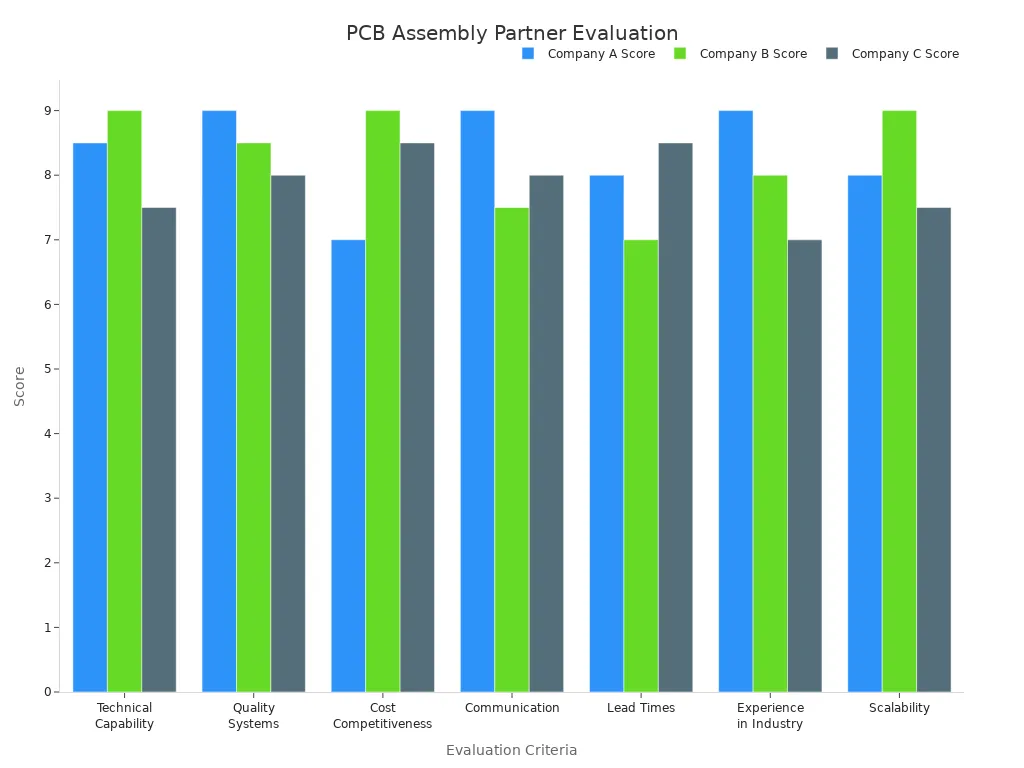 A bar chart comparing Company A, B, and C scores across various PCB assembly partner evaluation criteria.
